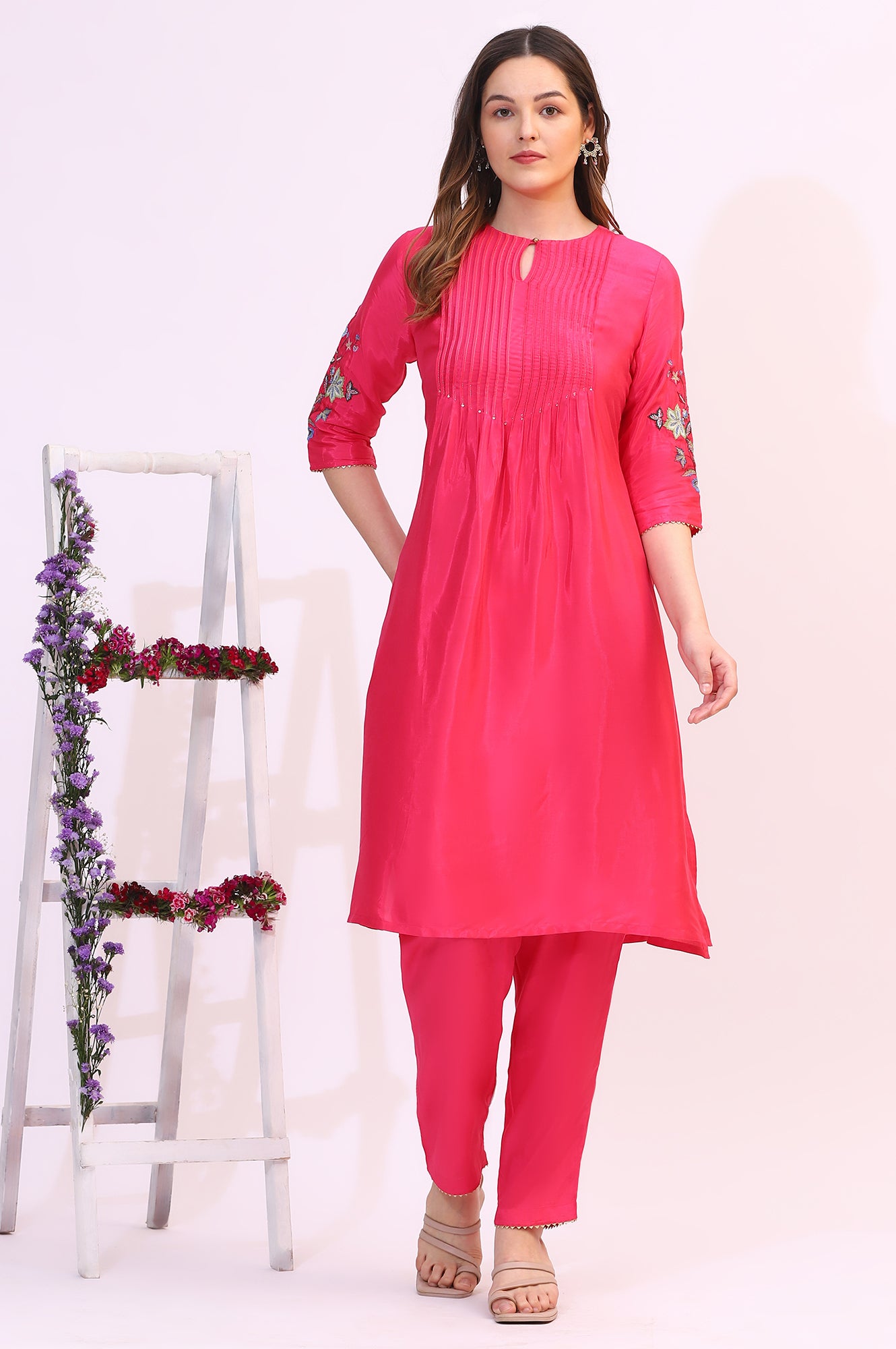 Pink Embroidered Shantung Straight Kurta