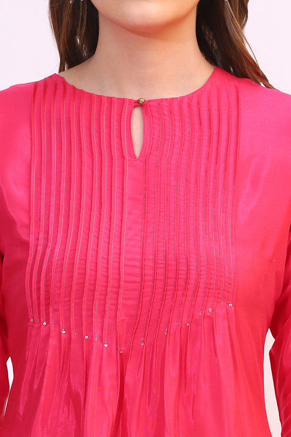 Pink Embroidered Shantung Straight Kurta