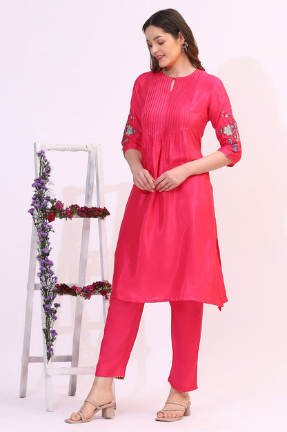 Pink Embroidered Shantung Straight Kurta