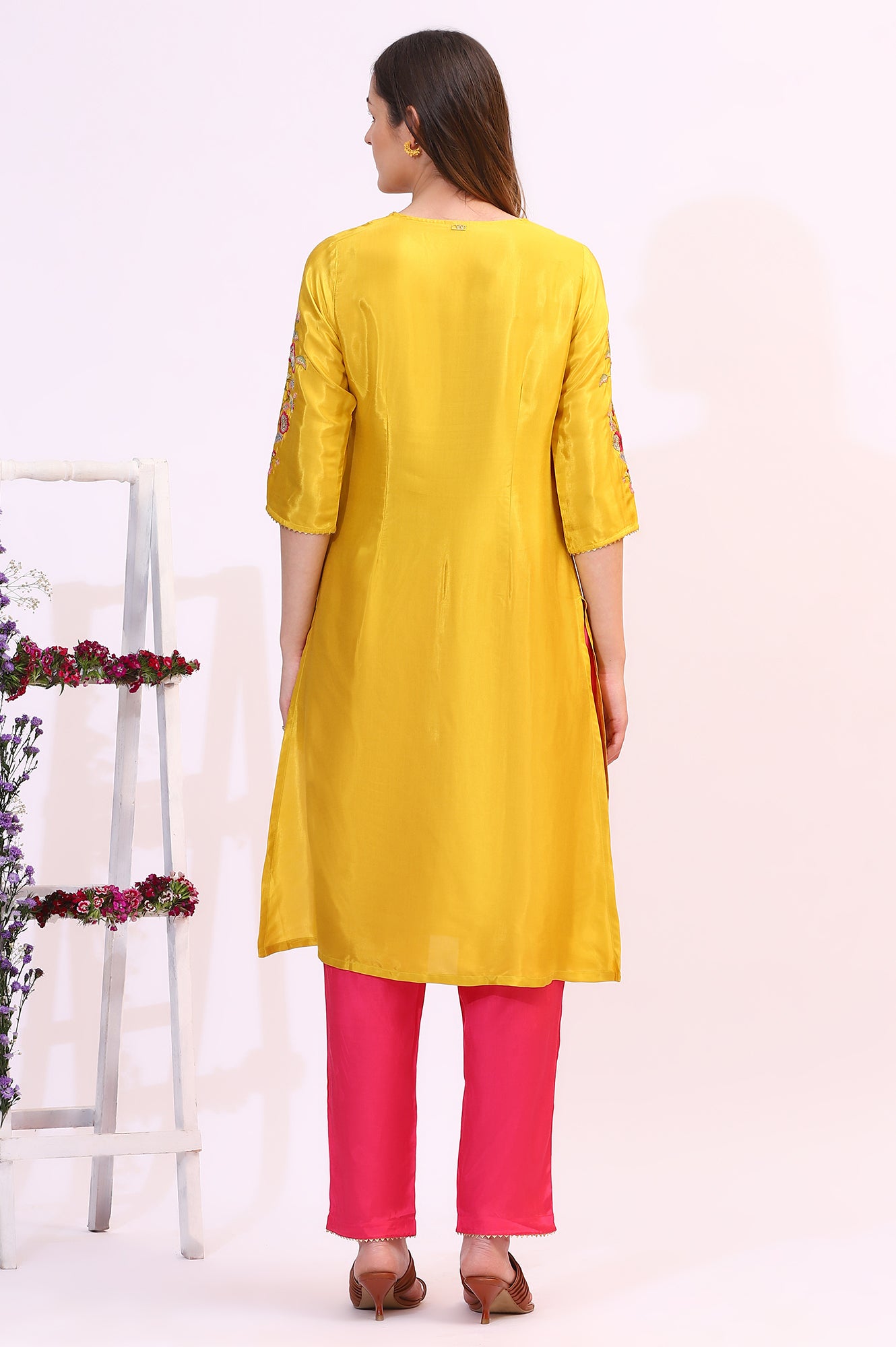 Yellow Embroidered Shantung Straight Kurta