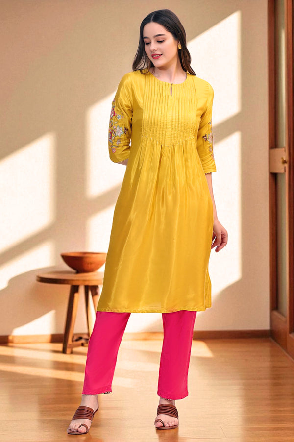 Yellow Embroidered Shantung Straight Kurta