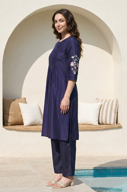 Navy Blue Embroidered Shantung Straight Kurta
