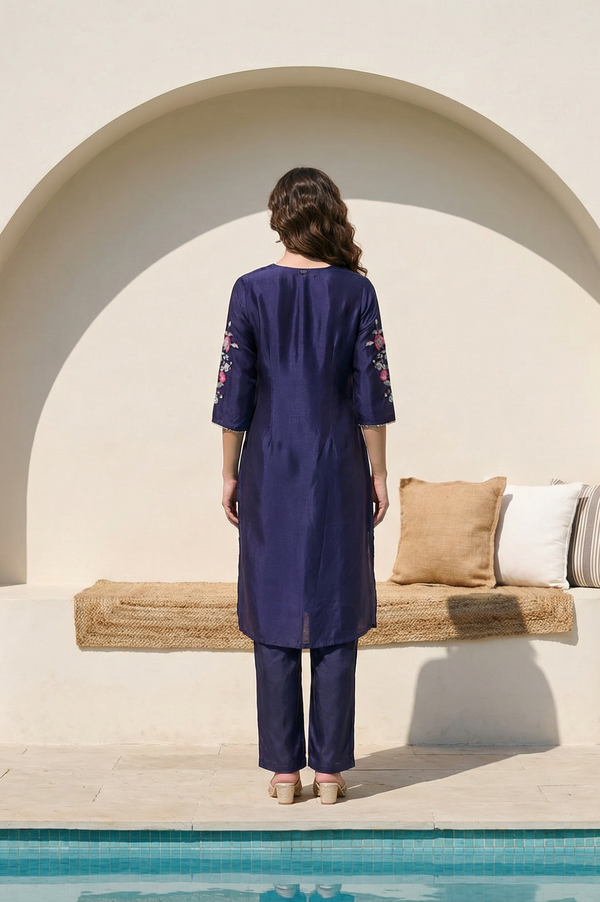 Navy Blue Embroidered Shantung Straight Kurta
