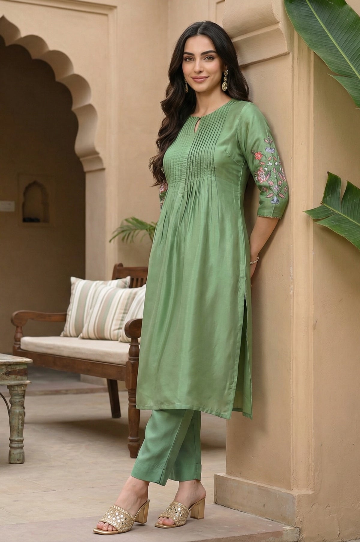 Green Embroidered Shantung Straight Kurta - XS