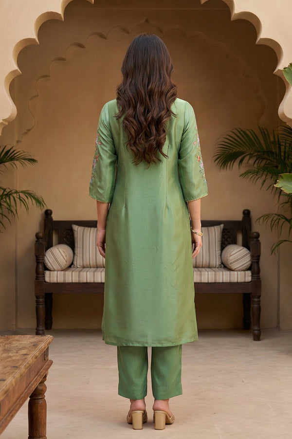 Green Embroidered Shantung Straight Kurta