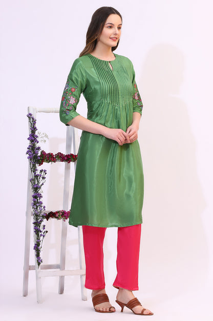 Green Embroidered Shantung Straight Kurta