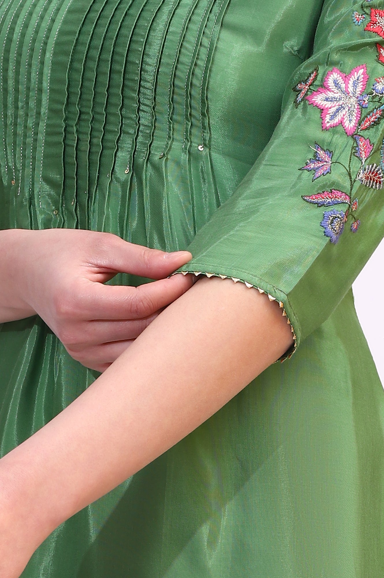 Green Embroidered Shantung Straight Kurta