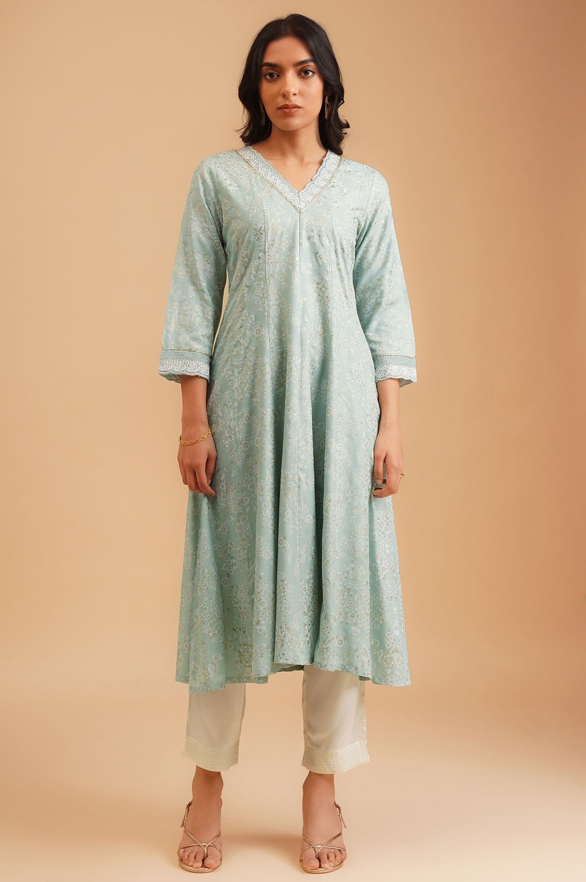 W Sea Green Floral Printed Embroidered Rayon A-line Kurta