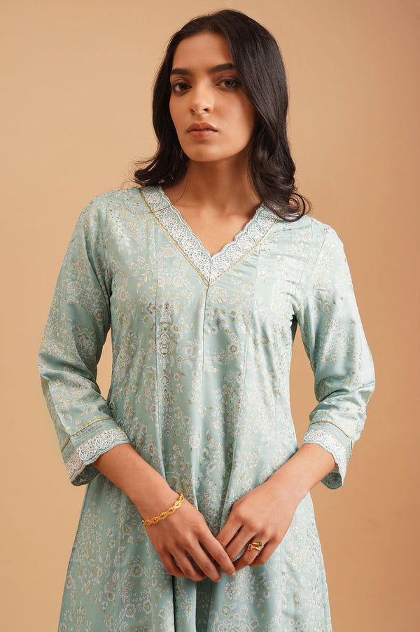 W Sea Green Floral Printed Embroidered Rayon A-line Kurta