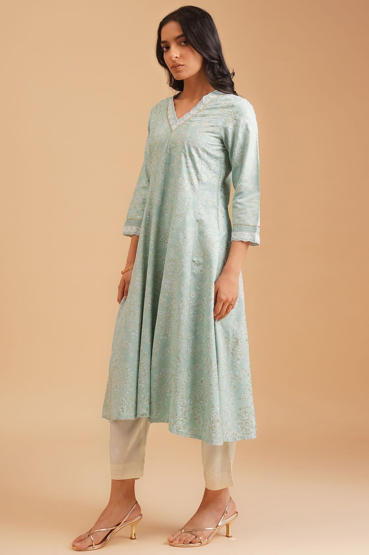W Sea Green Floral Printed Embroidered Rayon A-line Kurta