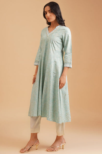 W Sea Green Floral Printed Embroidered Rayon A-line Kurta