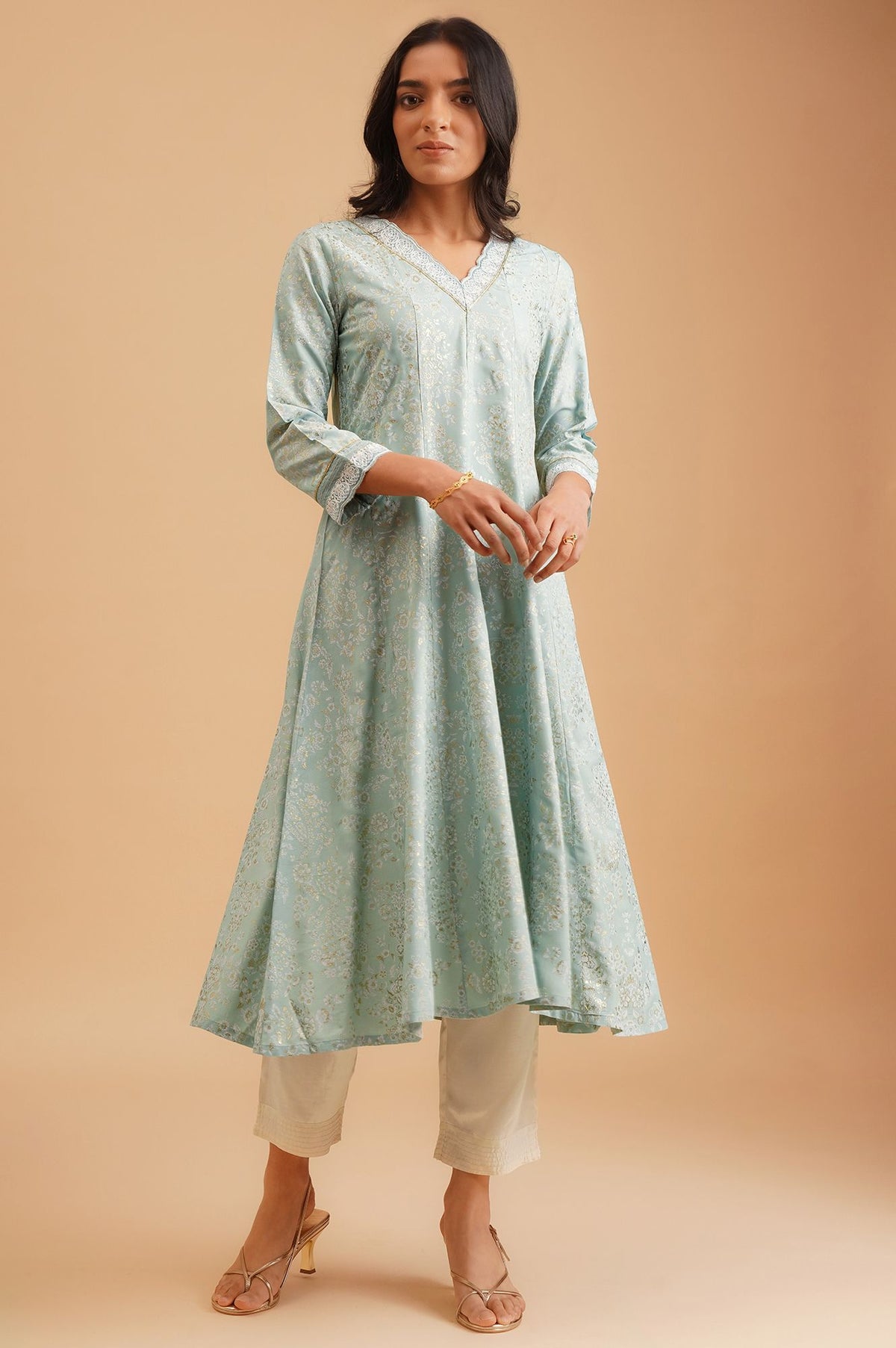 W Sea Green Floral Printed Embroidered Rayon A-line Kurta
