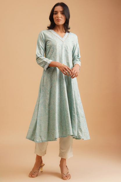 W Sea Green Floral Printed Embroidered Rayon A-line Kurta