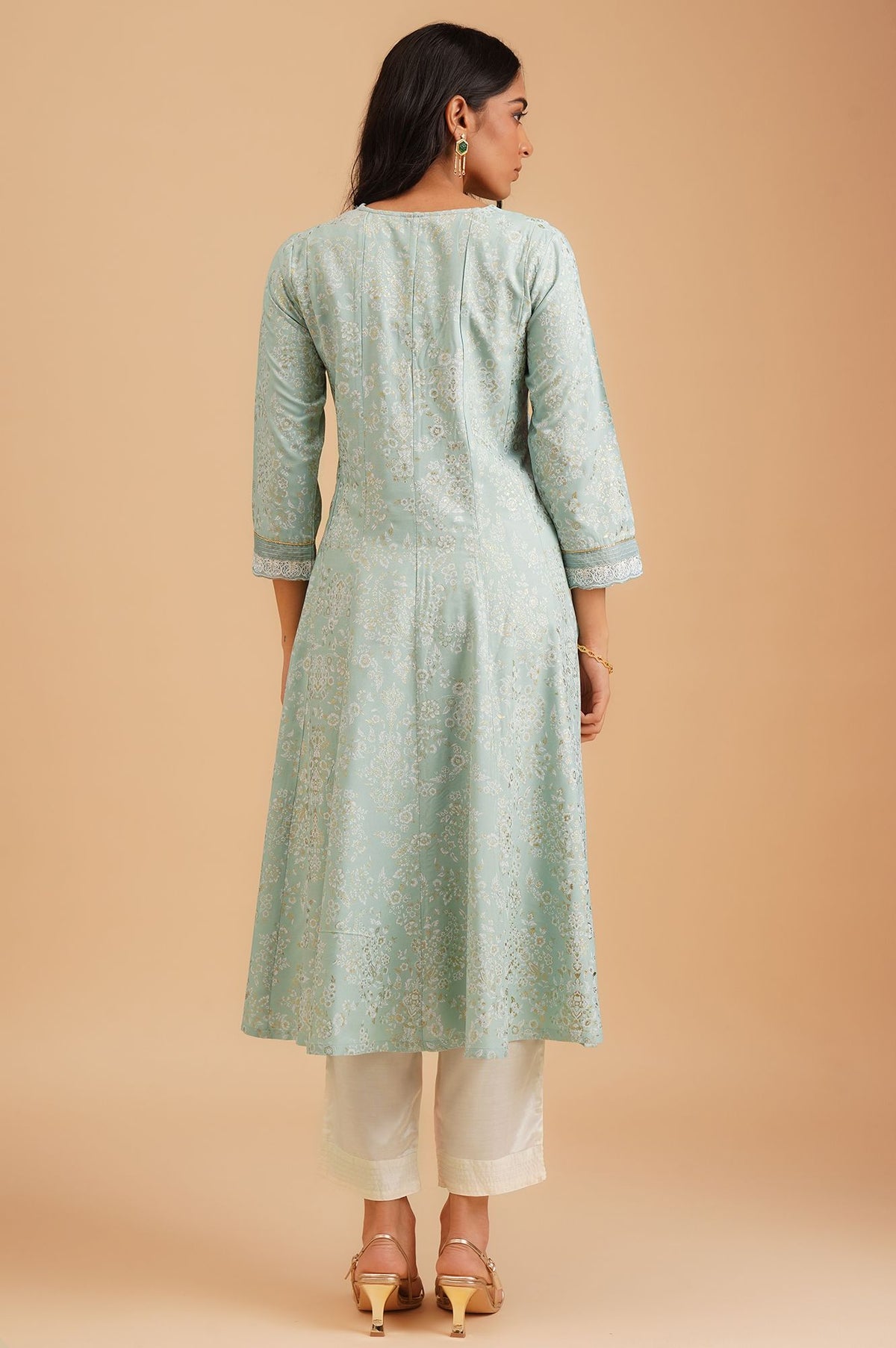 W Sea Green Floral Printed Embroidered Rayon A-line Kurta