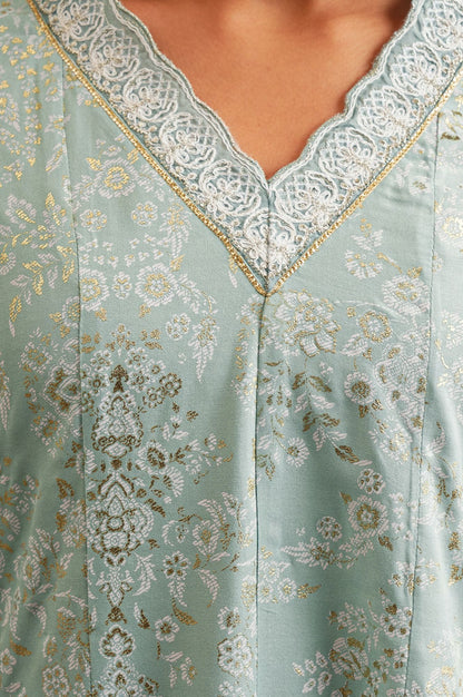 W Sea Green Floral Printed Embroidered Rayon A-line Kurta