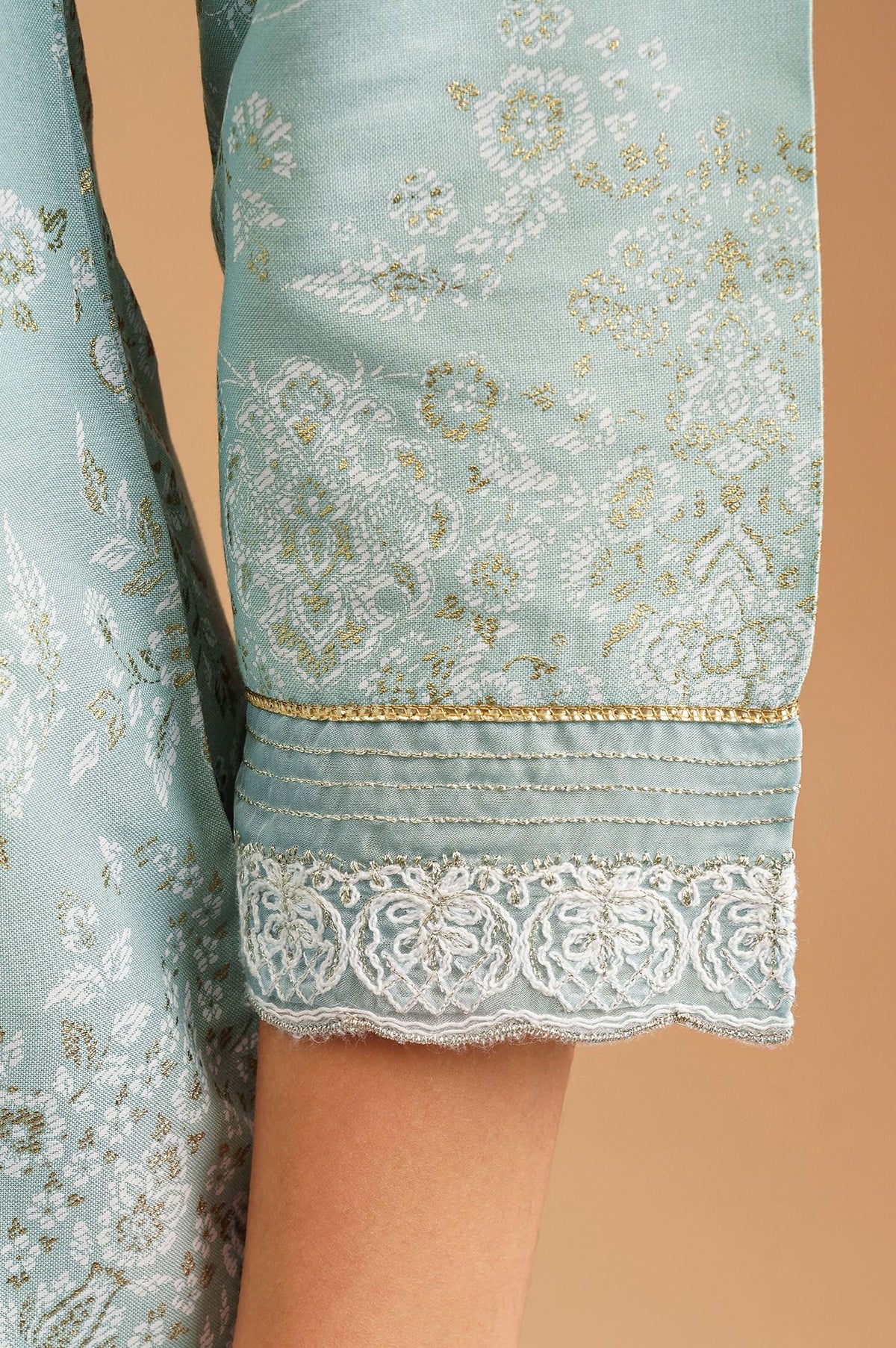 W Sea Green Floral Printed Embroidered Rayon A-line Kurta