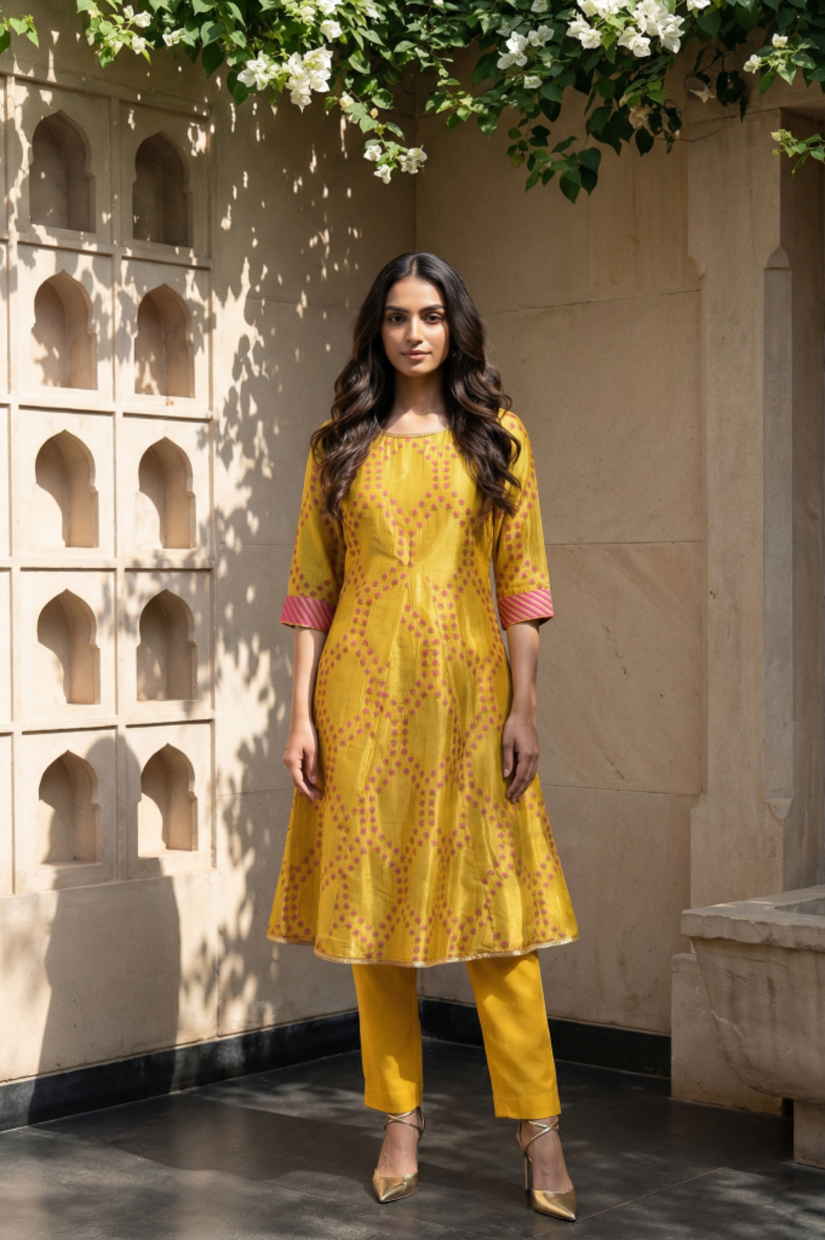 Marigold Yellow Floral Printed Straight Shantung Kurta - XS