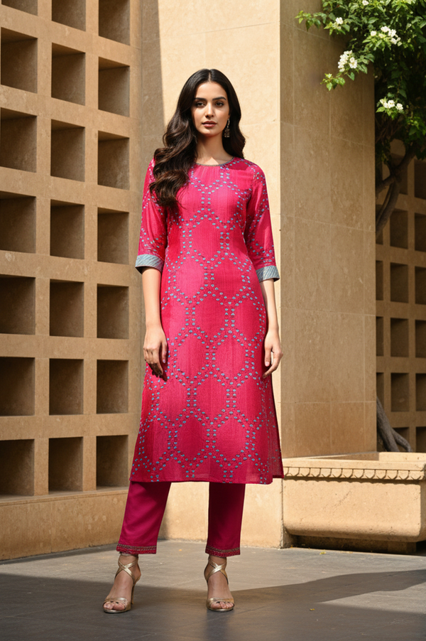 Pink Floral Printed Straight Shantung Kurta