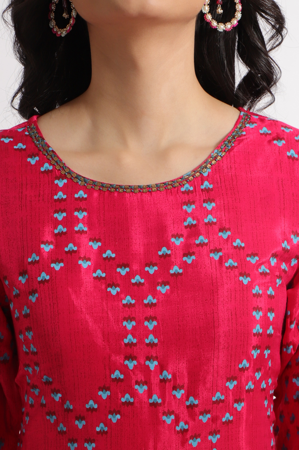 Pink Floral Printed Straight Shantung Kurta