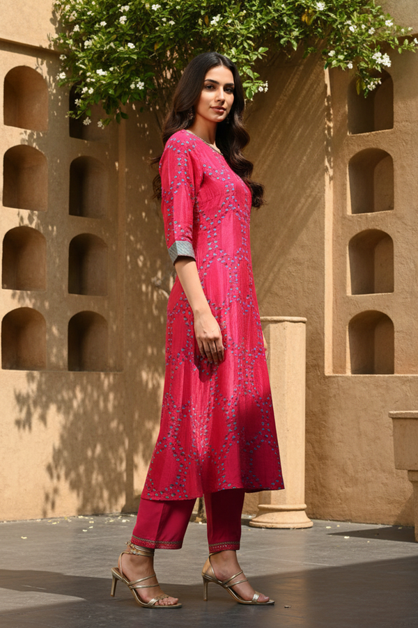 Pink Floral Printed Straight Shantung Kurta