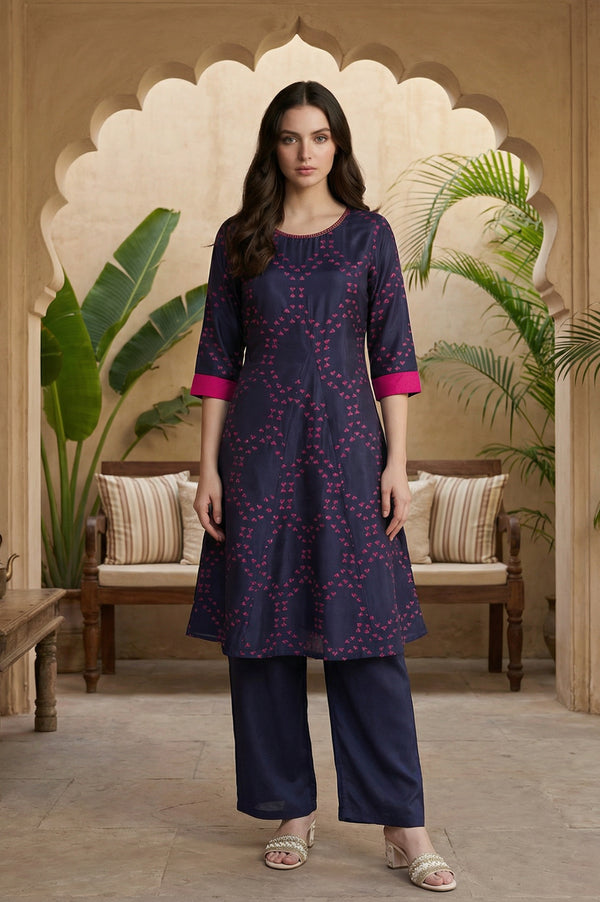 Blue Floral Printed Straight Shantung Kurta