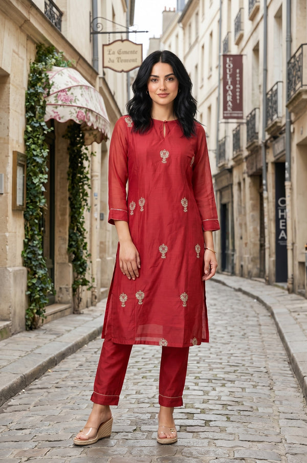 Red Embroidered Straight Chanderi Kurta