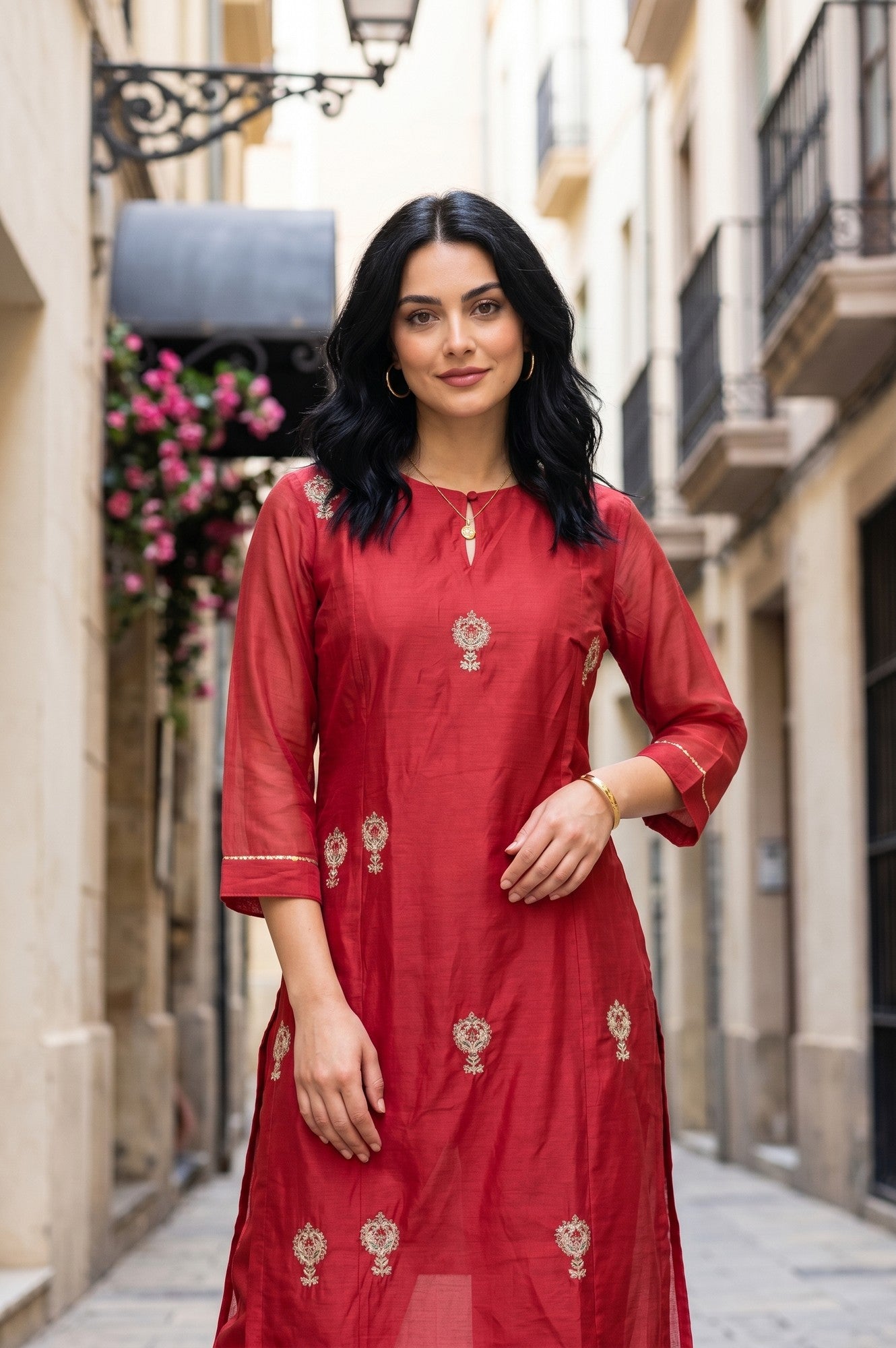 Red Embroidered Straight Chanderi Kurta