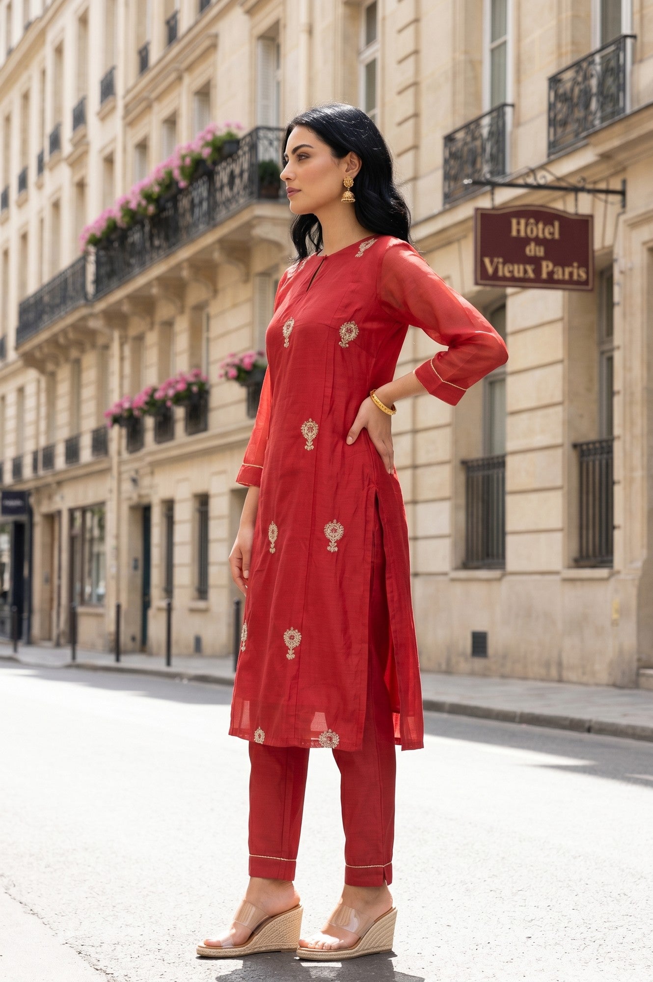 Red Embroidered Straight Chanderi Kurta