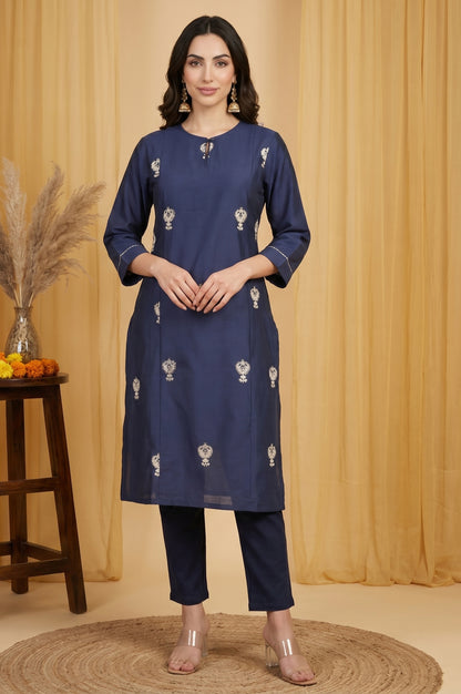 Navy Blue Metallic Embroidered Straight Kurta