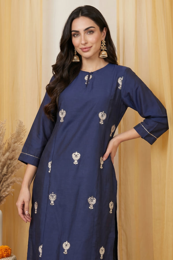 Navy Blue Metallic Embroidered Straight Kurta