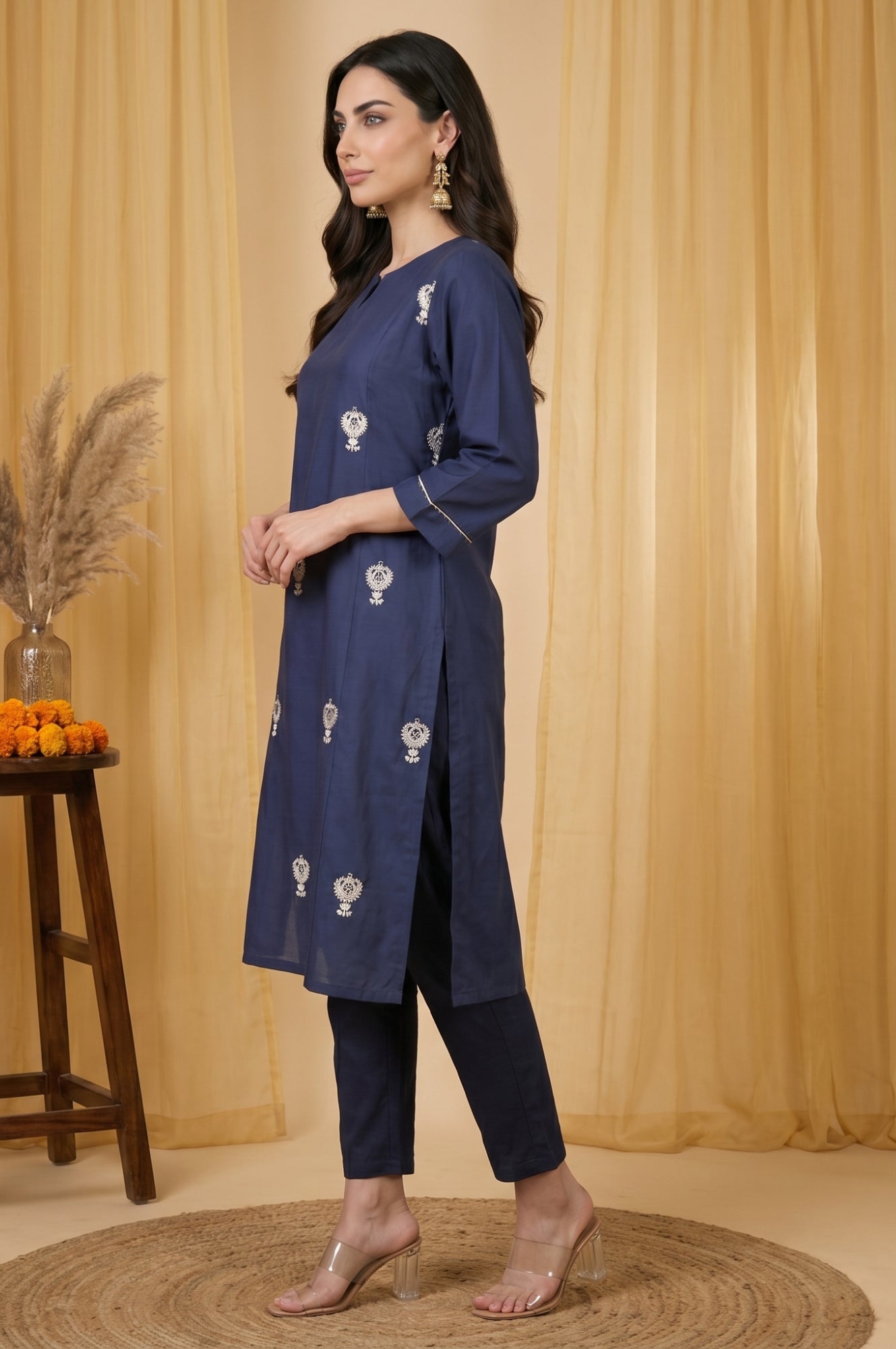Navy Blue Metallic Embroidered Straight Kurta