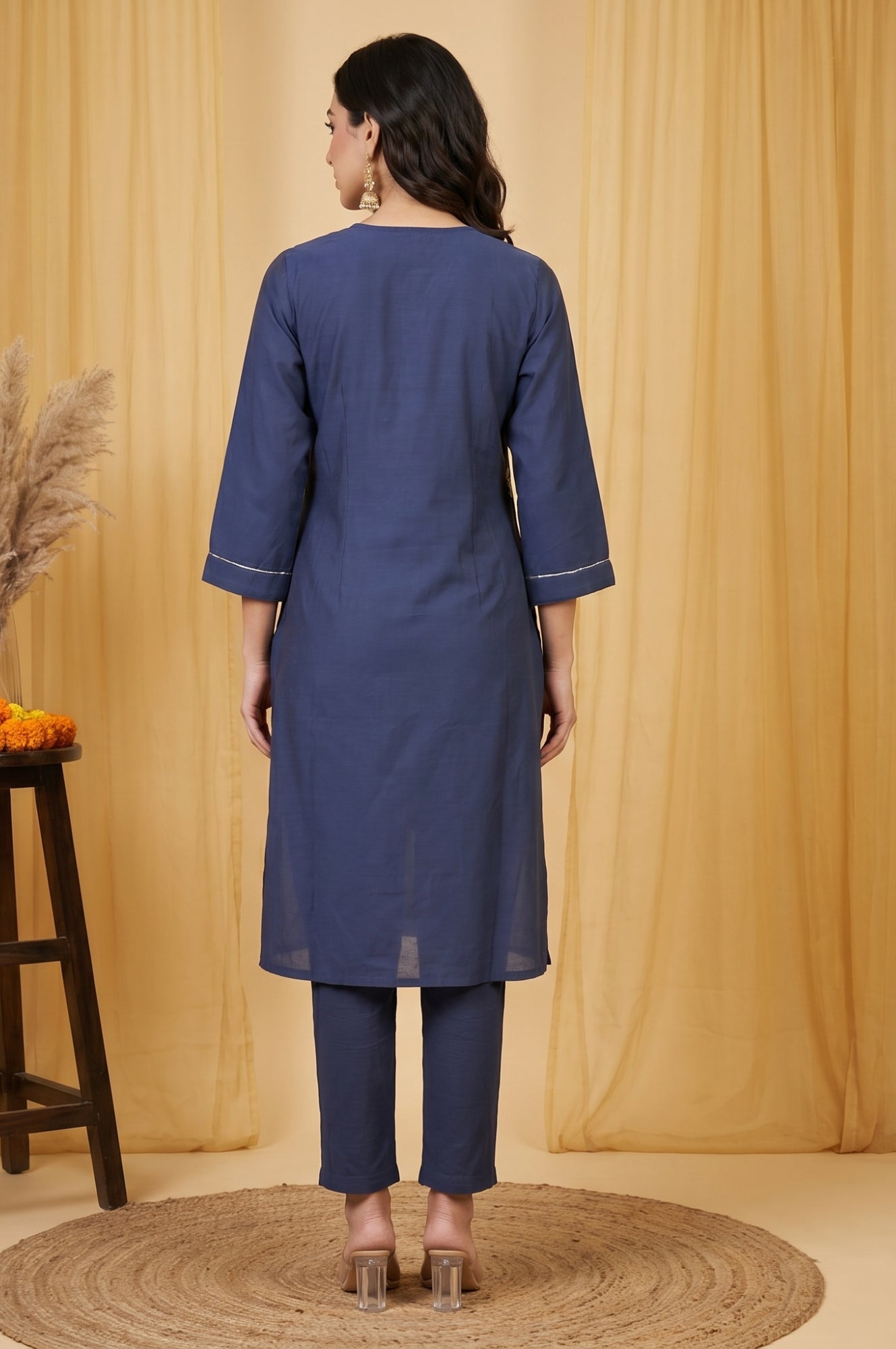 Navy Blue Metallic Embroidered Straight Kurta