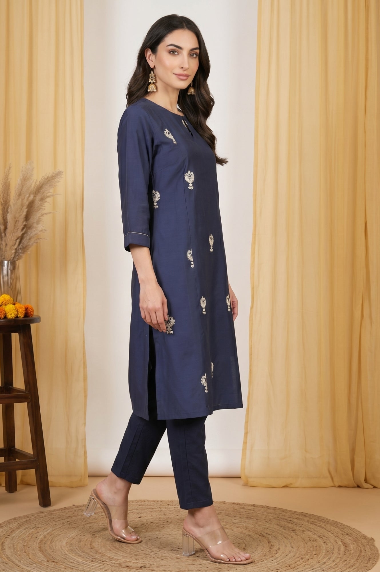Navy Blue Metallic Embroidered Straight Kurta