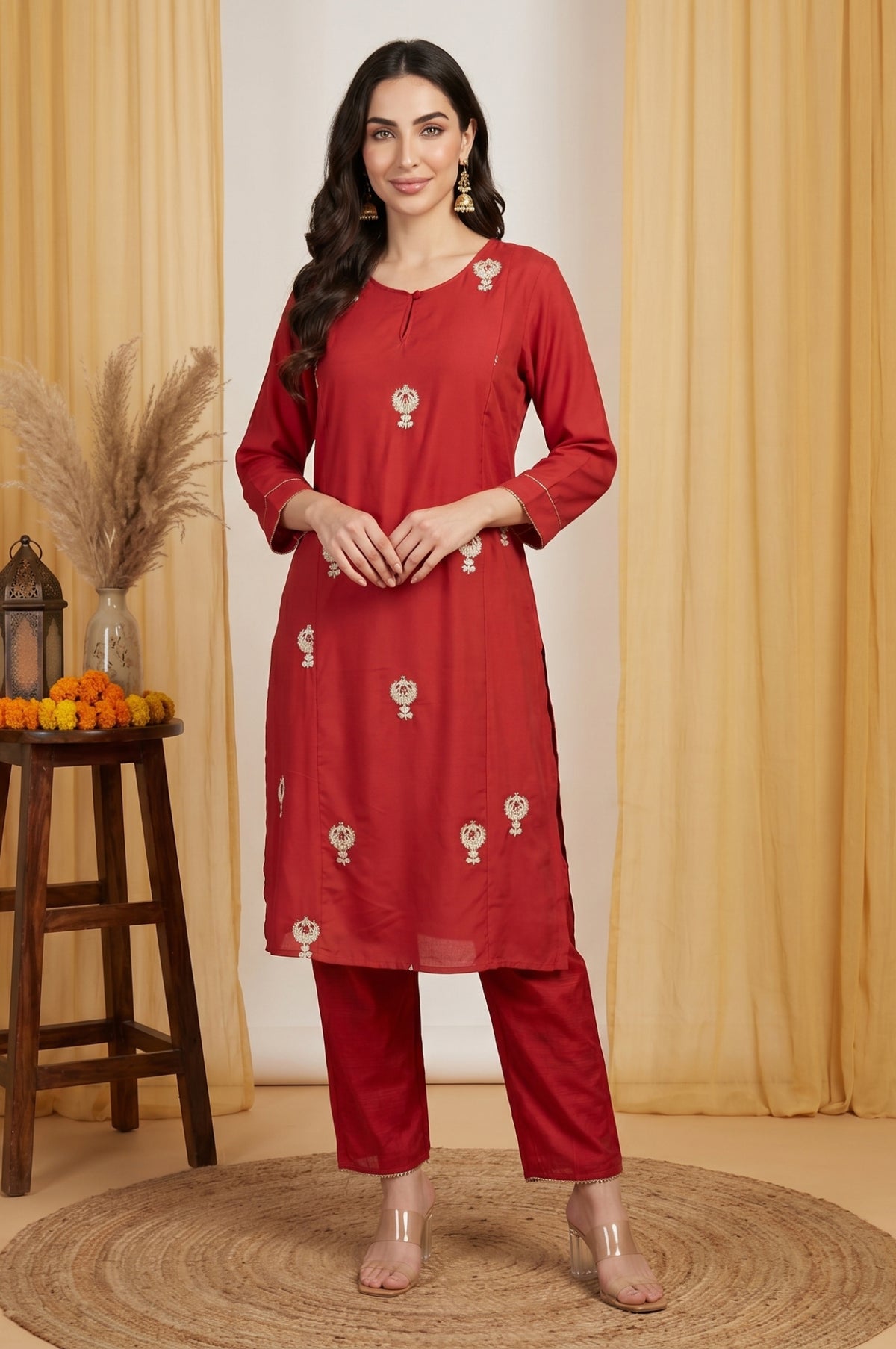 Red Metallic Embroidered Straight Kurta - XS