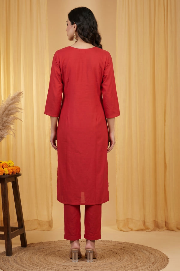 Red Metallic Embroidered Straight Kurta