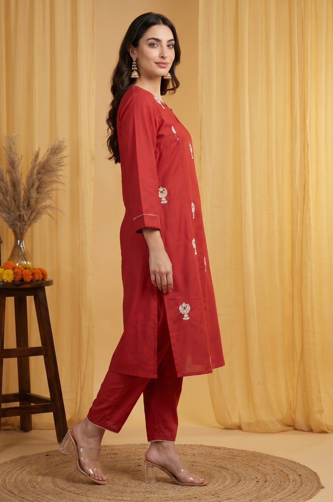 Red Metallic Embroidered Straight Kurta