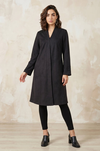 Black Embroidered Straight Long Coat