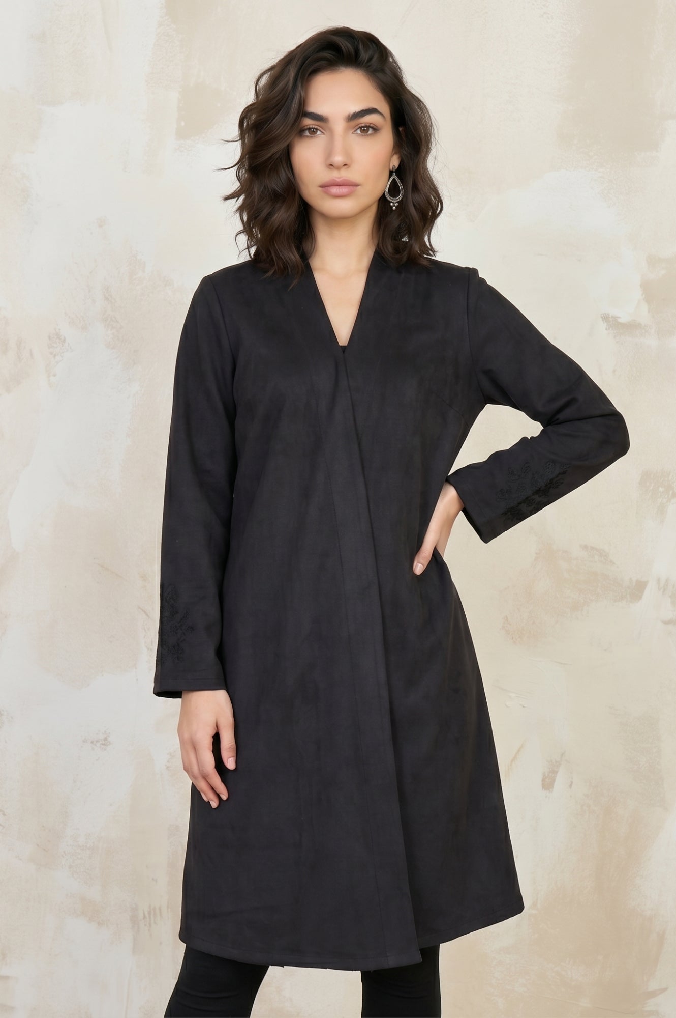 Black Embroidered Straight Long Coat