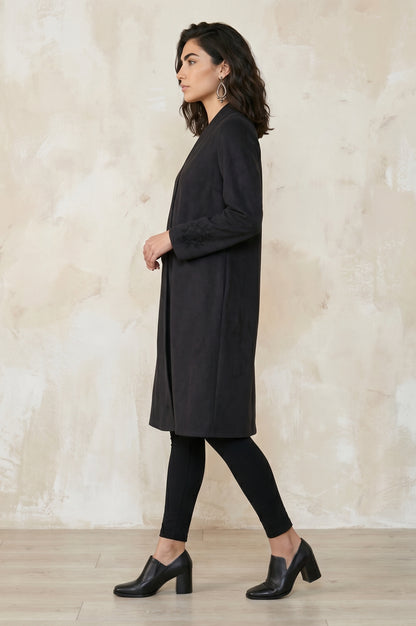 Black Embroidered Straight Long Coat