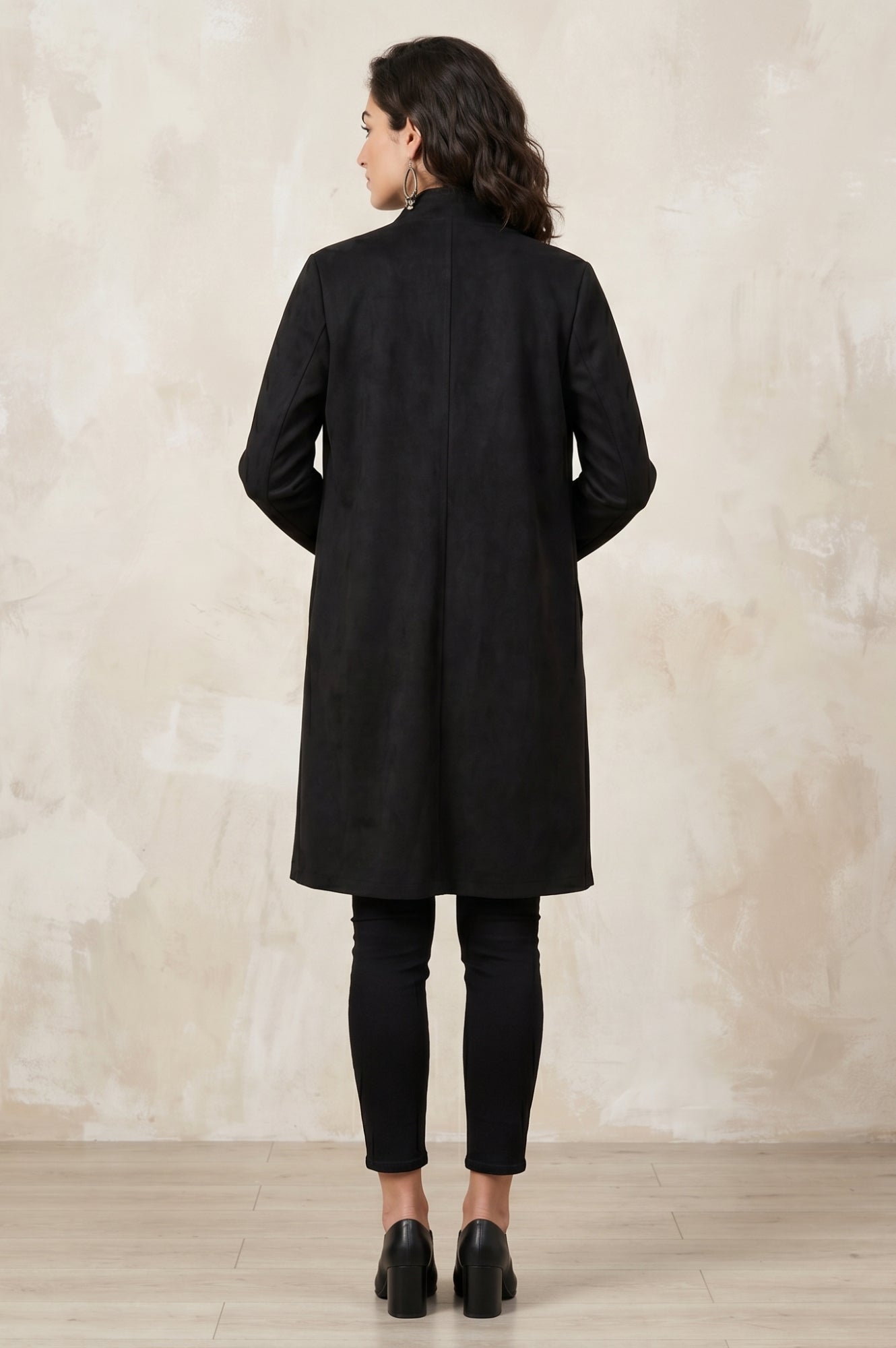 Black Embroidered Straight Long Coat