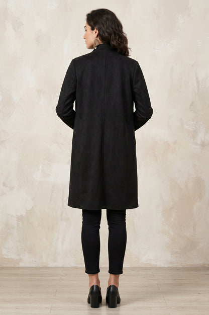 Black Embroidered Straight Long Coat