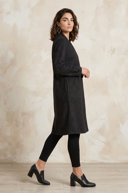 Black Embroidered Straight Long Coat
