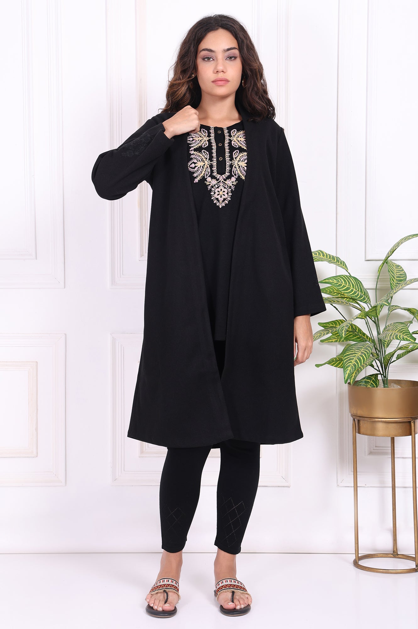 Buy Black Embroidered Straight Woven Coat Online for Woman | WforWoman