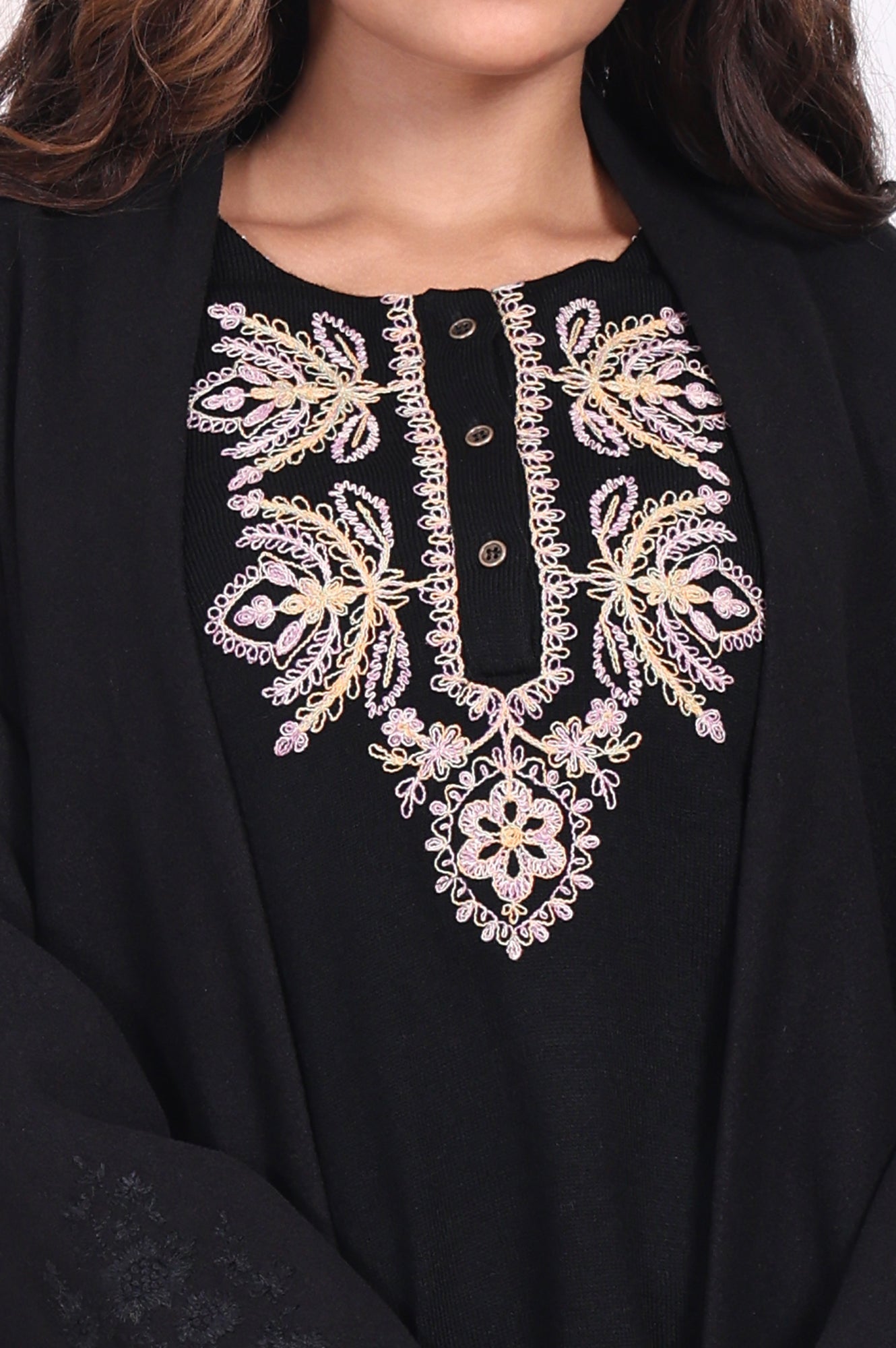 Black Embroidered Straight Woven Coat