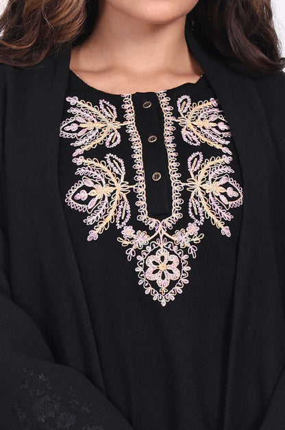 Black Embroidered Straight Woven Coat