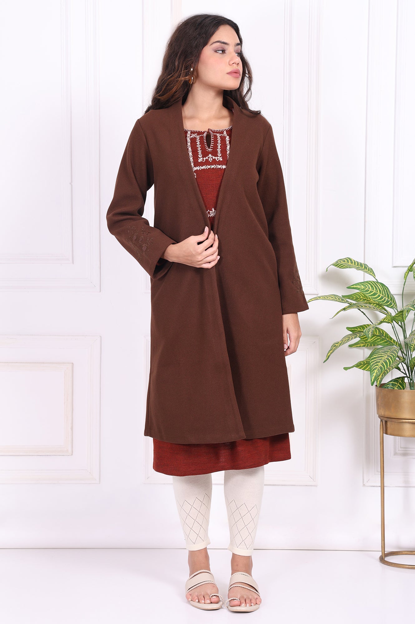 Brown Solid Embroidered Straight Coat