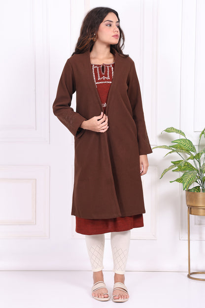 Brown Solid Embroidered Straight Coat