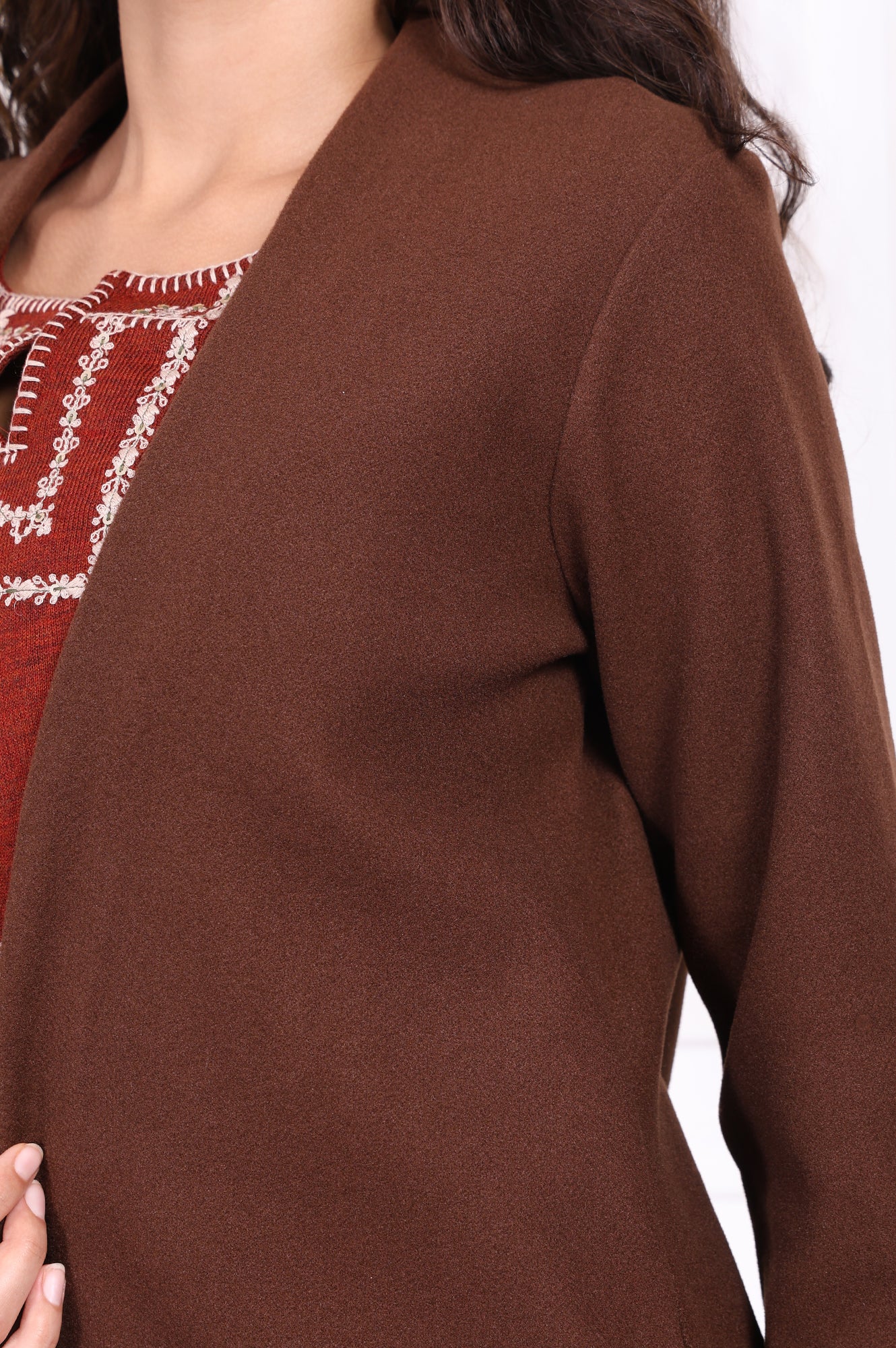 Brown Solid Embroidered Straight Coat