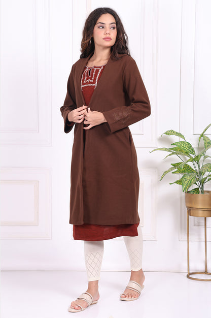Brown Solid Embroidered Straight Coat