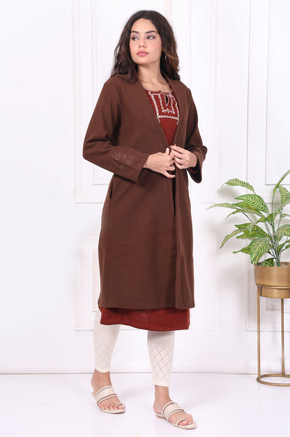 Brown Solid Embroidered Straight Coat